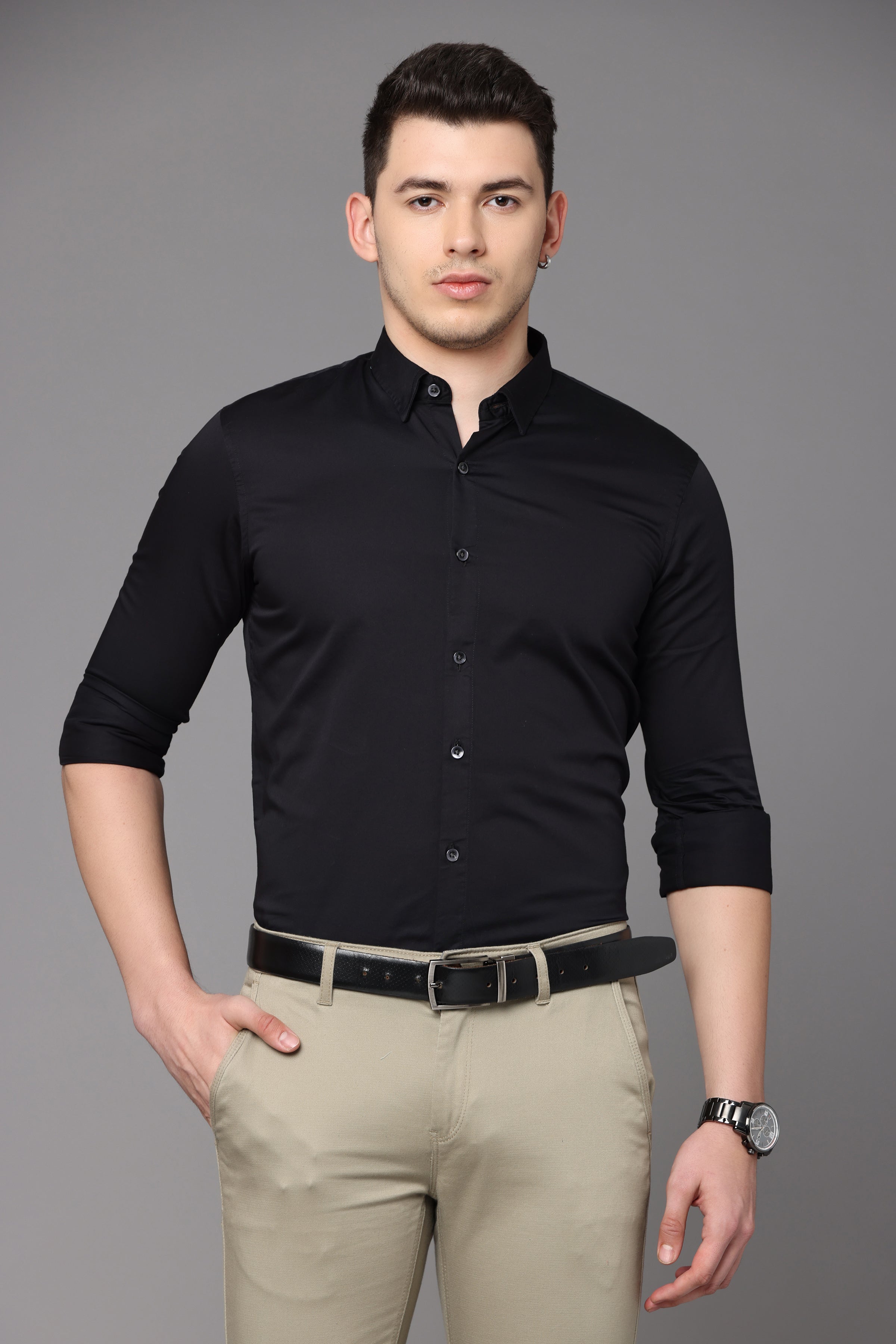 Black Plain Slim Fit Shirt Shirts KEF S 