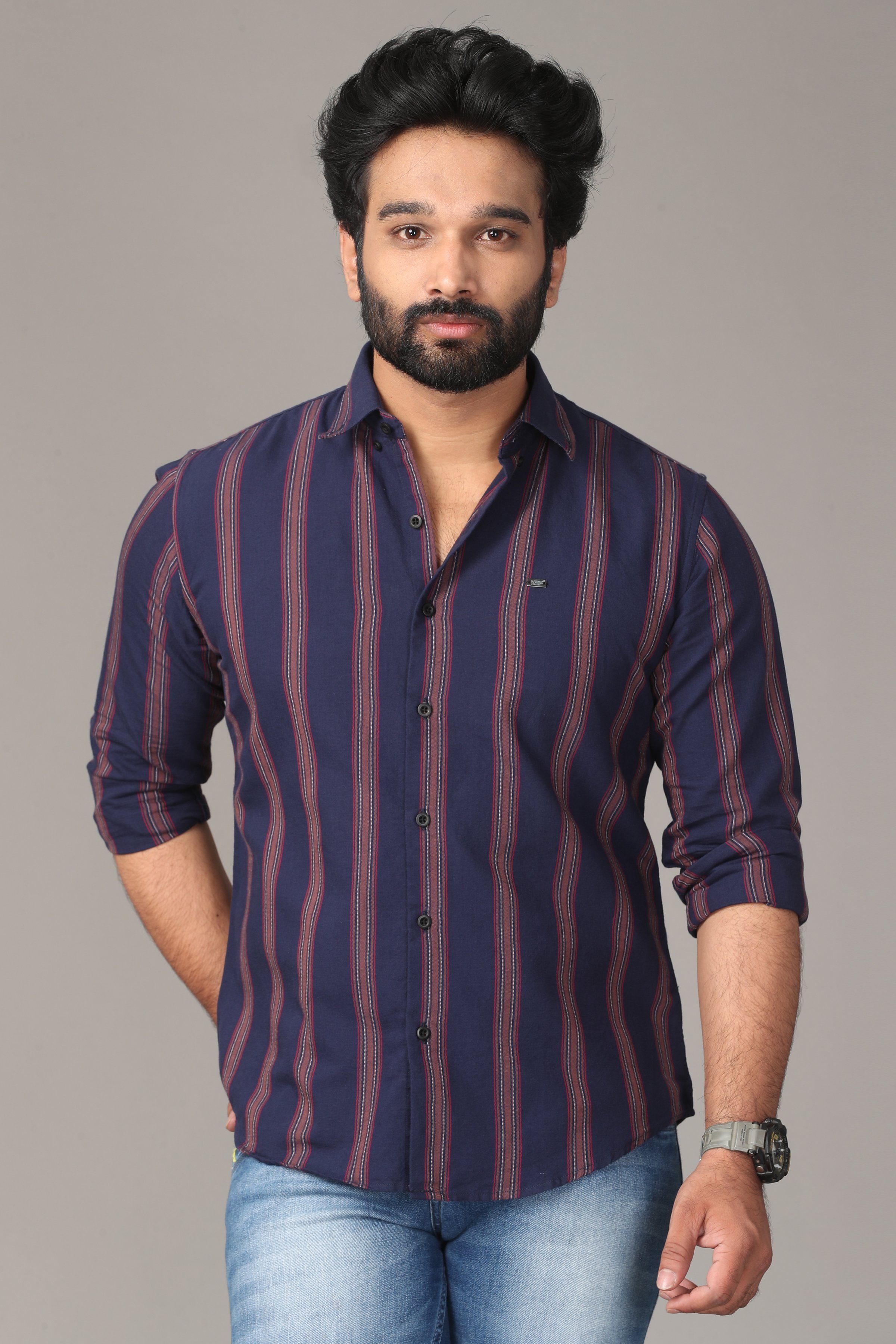 Dark Blue Full Sleeve Shirt with Brown Stripes Shirts KEF S 