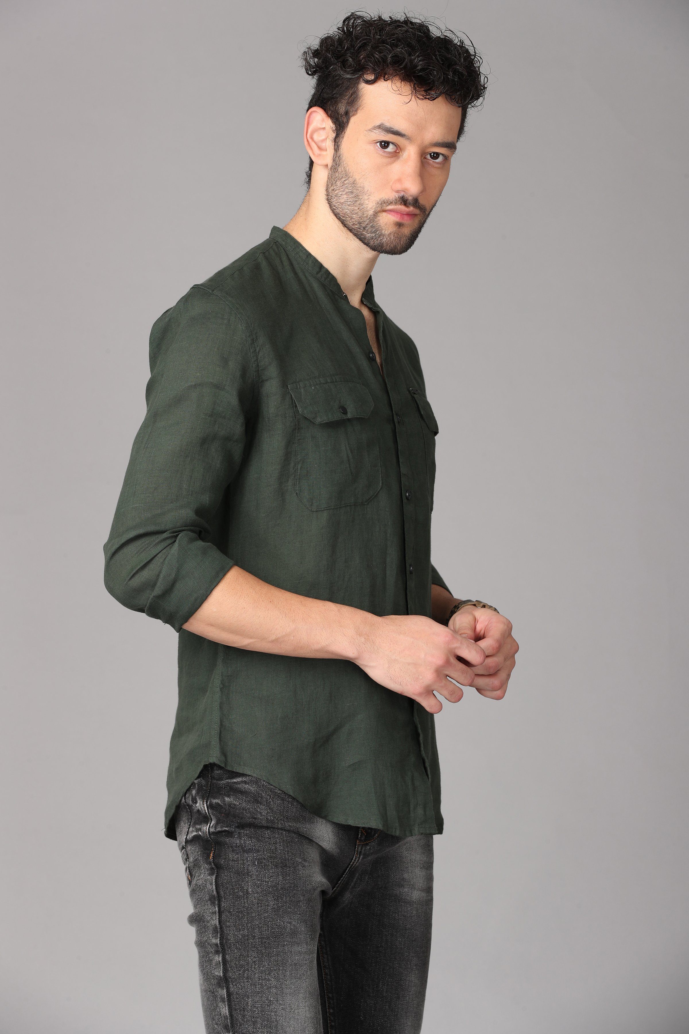Dark Green Linen Shirt Shirts KEF 
