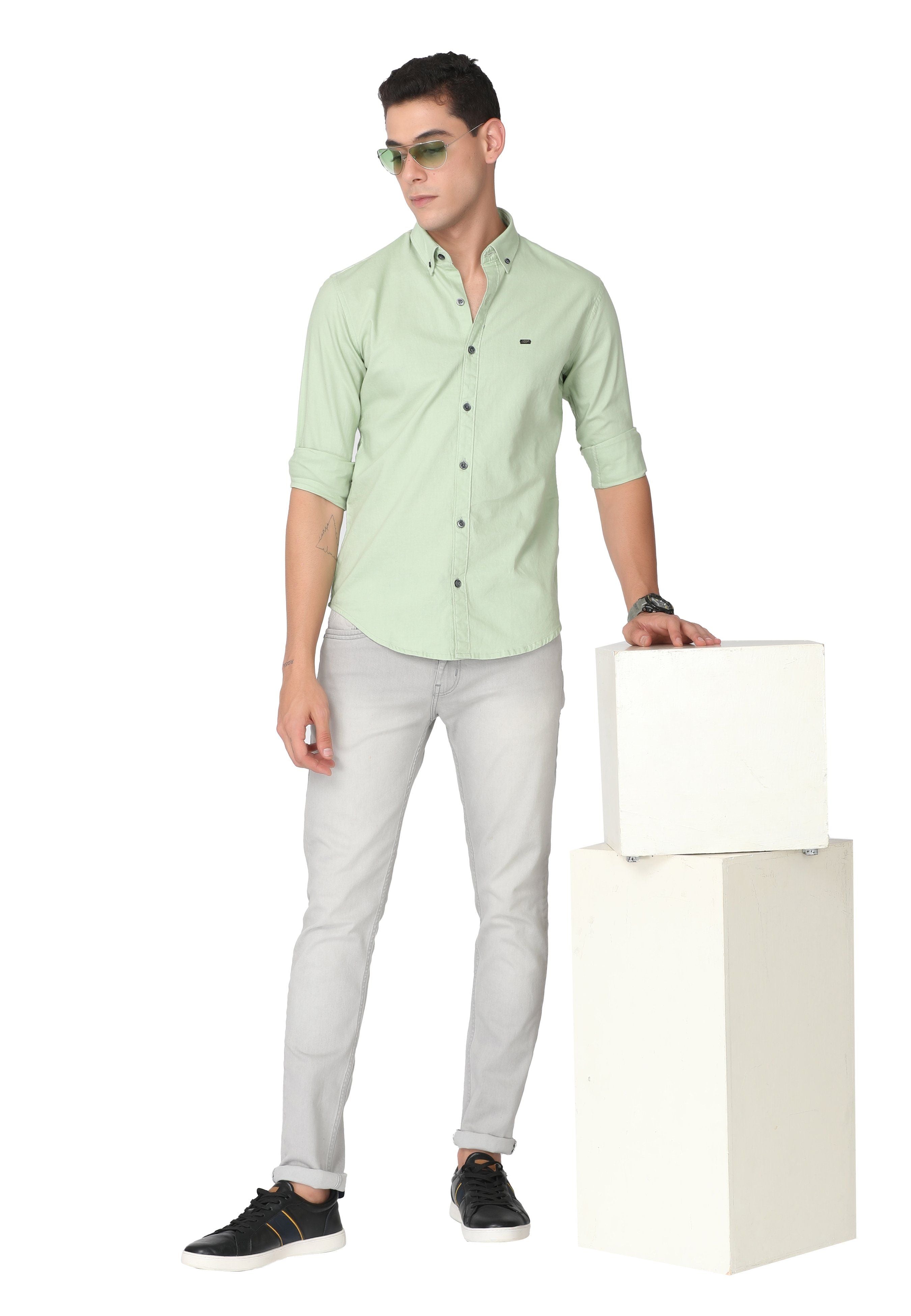 Light Green Solid Regular Fit Casual Shirt Shirts KEF 