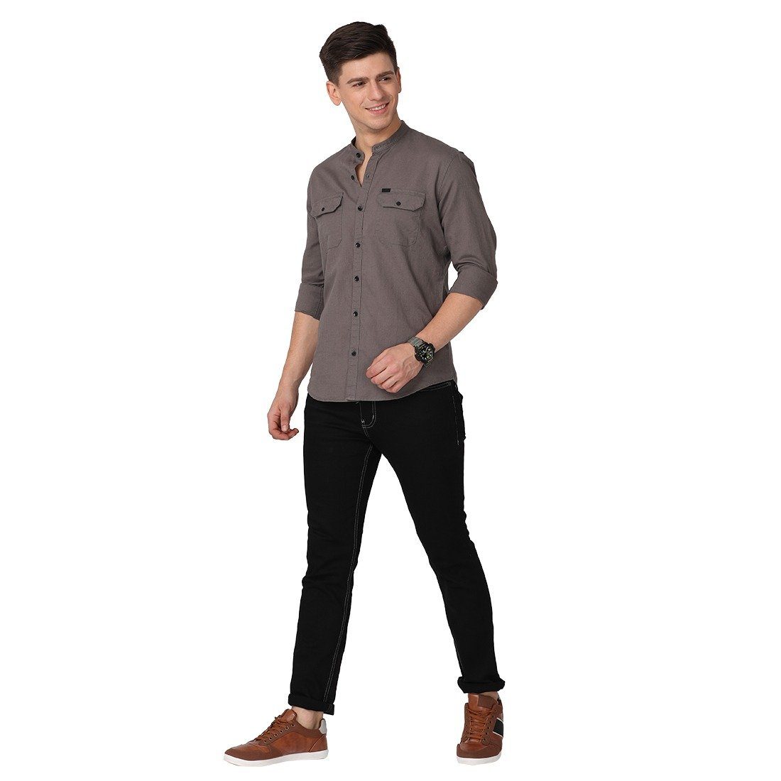 Men's Long Sleeve Band Collar Shirt Shirts KEF 