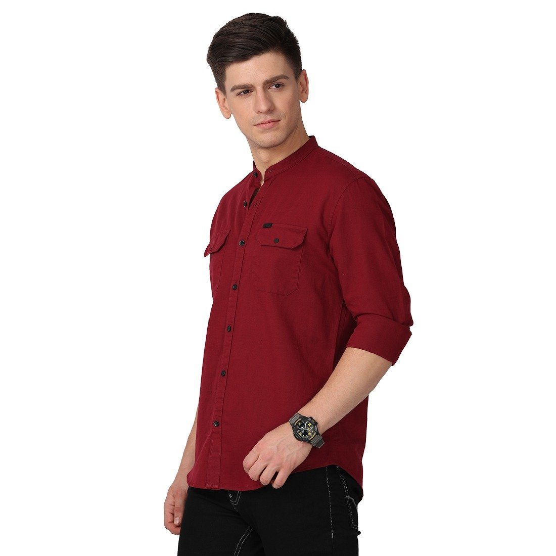 Men's Long Sleeve Band Collar Shirt Shirts KEF 