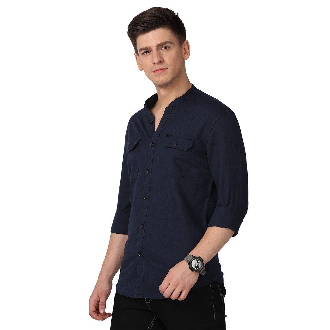 Men's Long Sleeve Band Collar Shirt Shirts KEF 