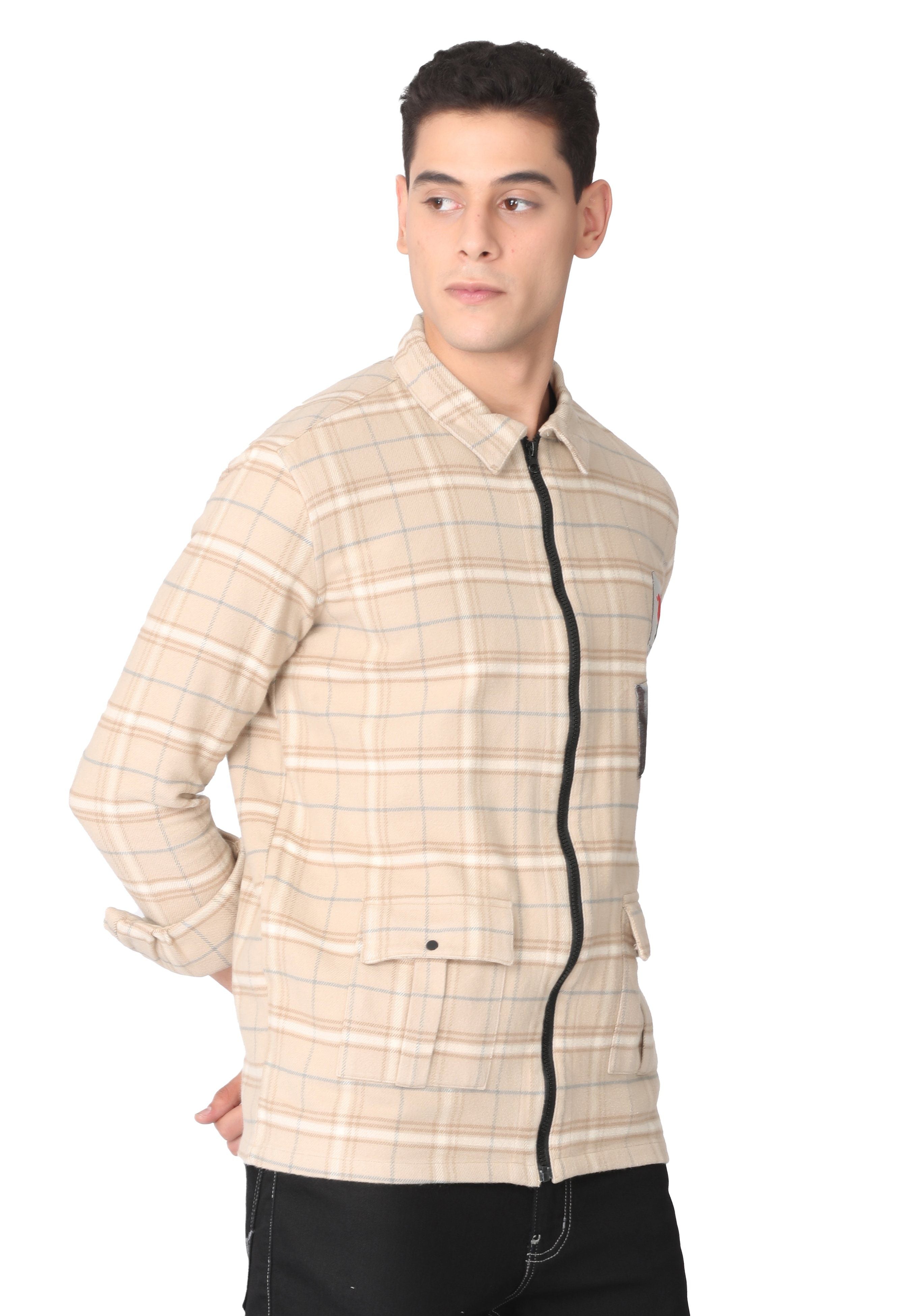 Pale Brown Print Zipper Jacket Over shirt KEF 