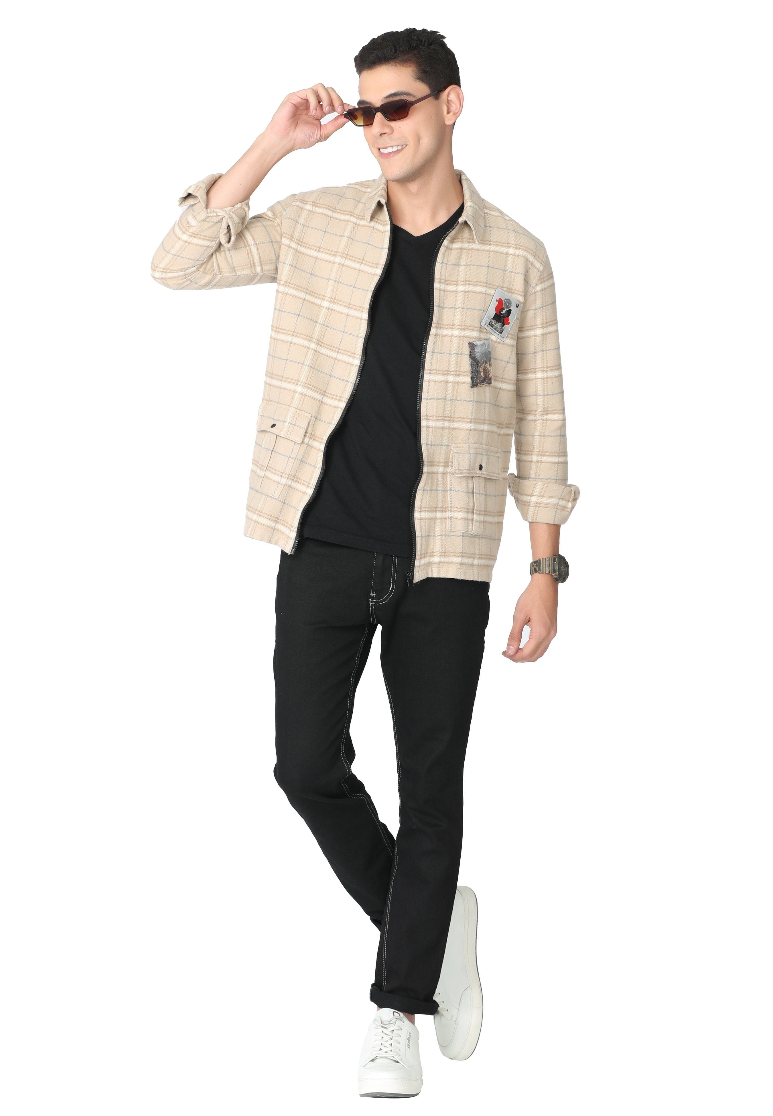 Pale Brown Print Zipper Jacket Over shirt KEF 