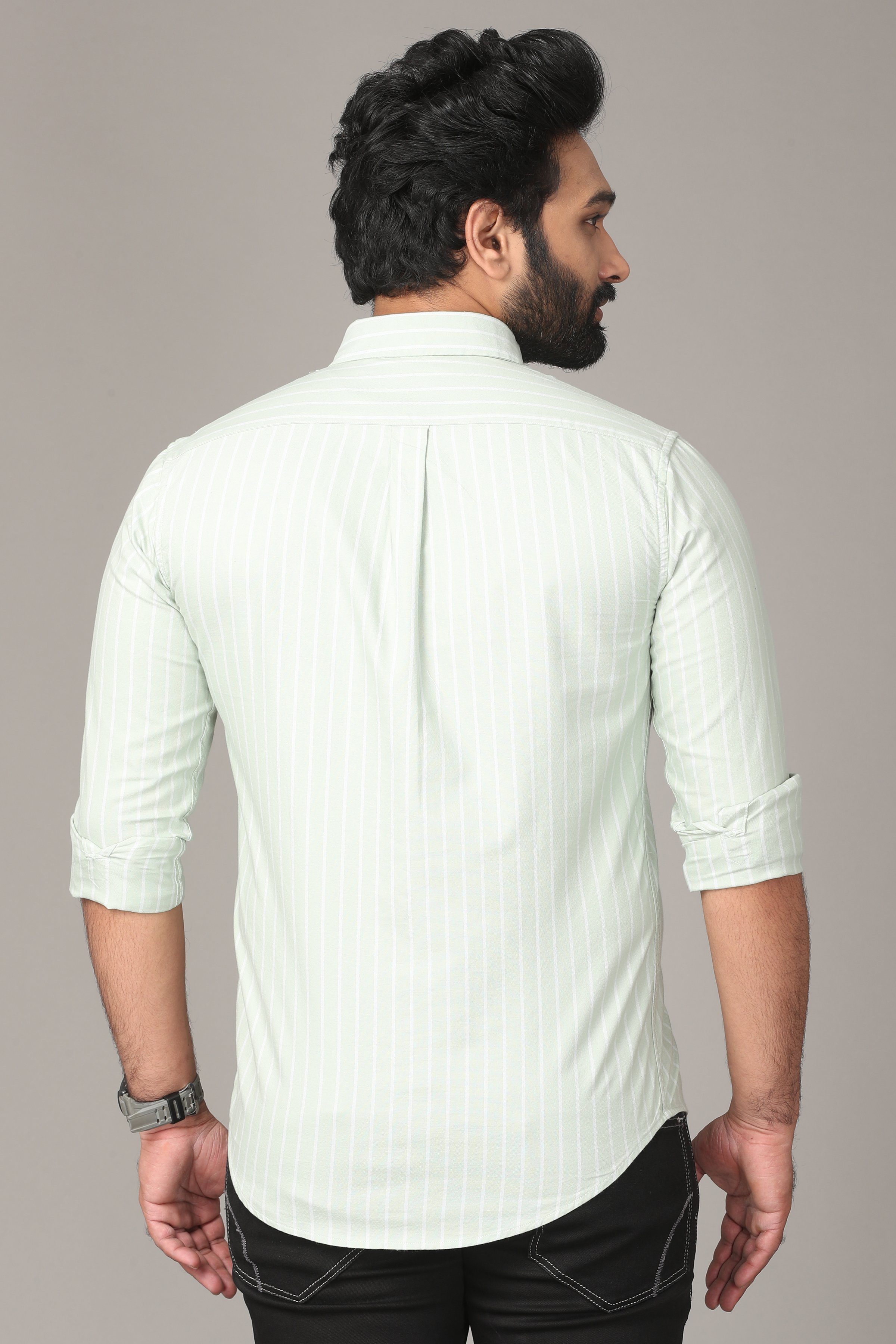 Pale Green Striped Full Sleeve Shirt Shirts KEF 