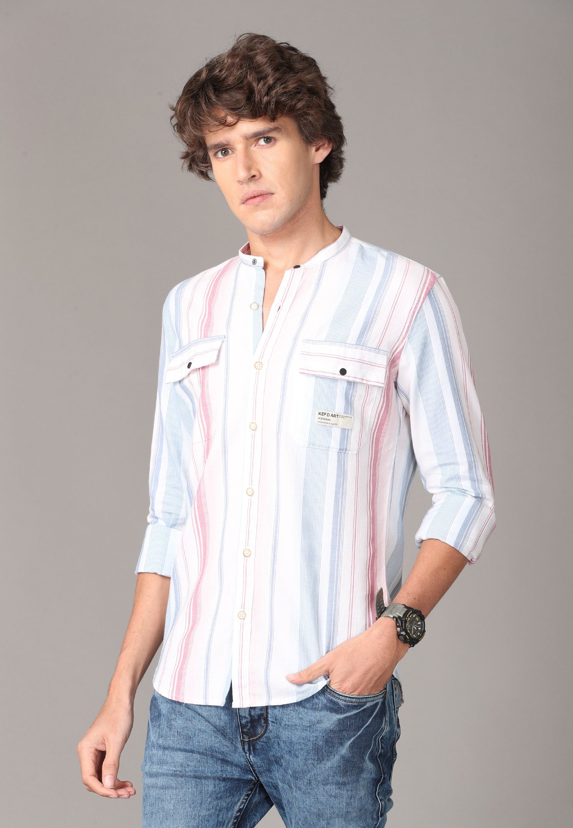 Red, Blue and White Triple Striped Full Sleeve Shirt Shirts KEF 