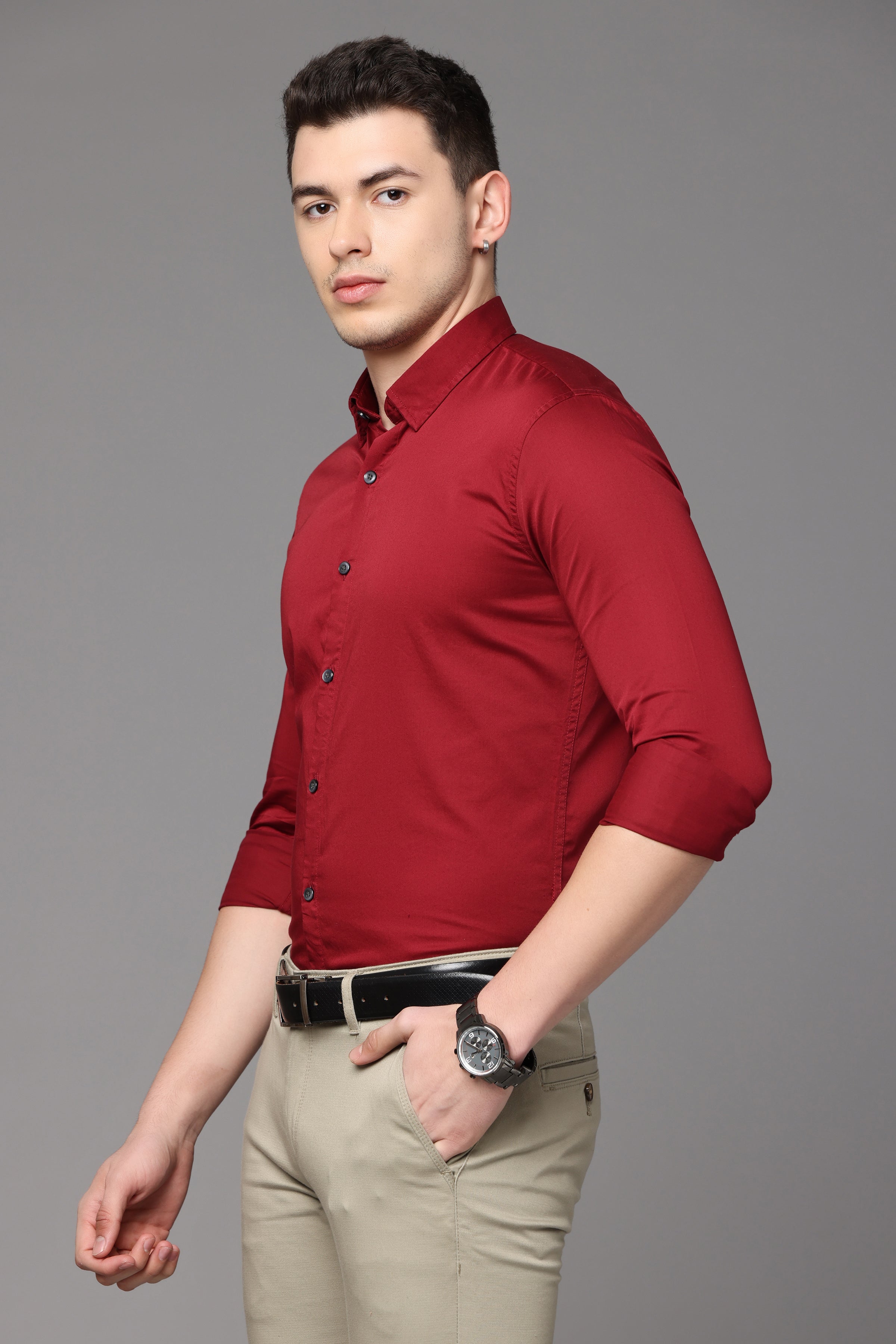 Red Plain Slim Fit Shirt Shirts KEF 