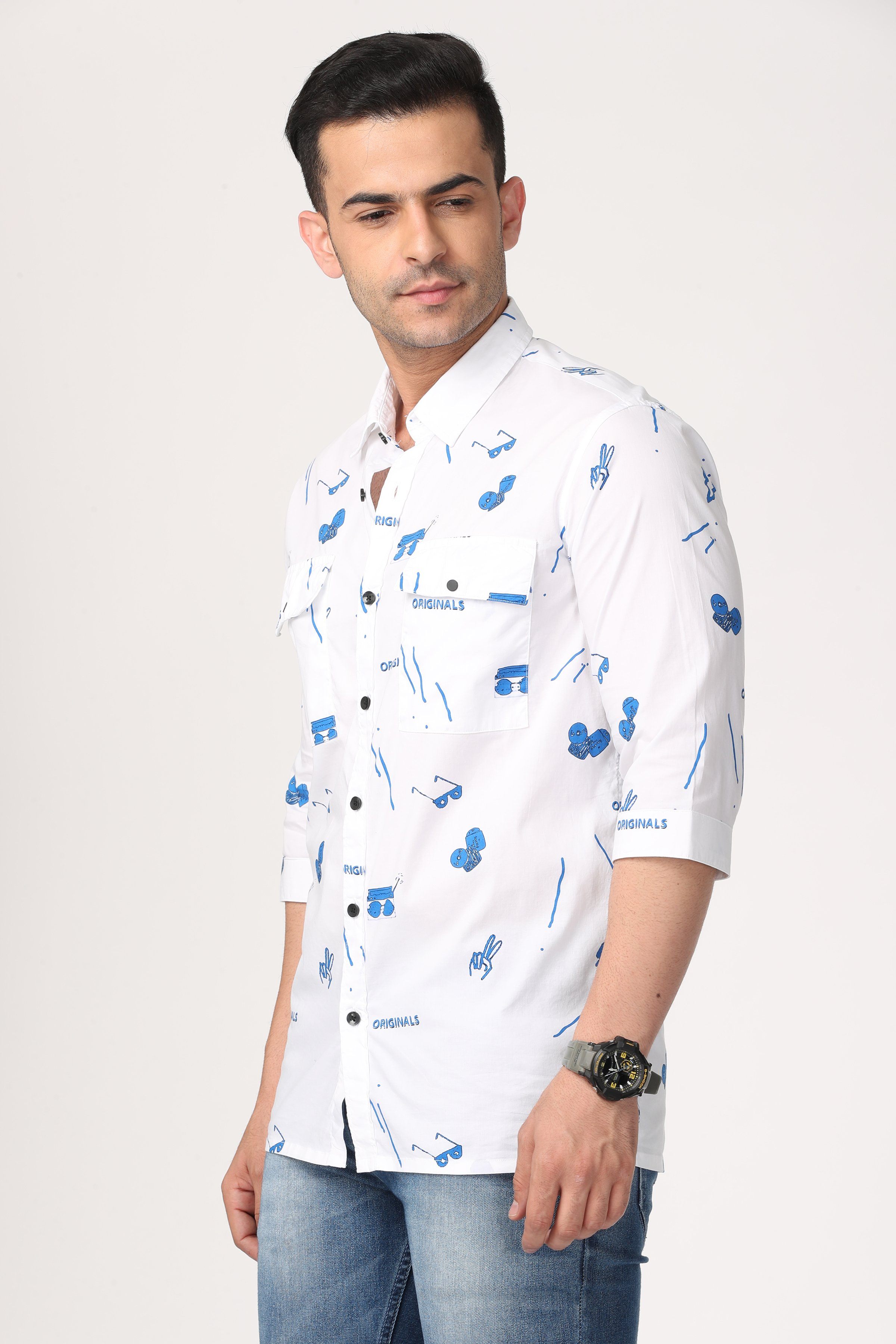 White with Blue Pattern Full Sleeve Shirt Shirts KEF 